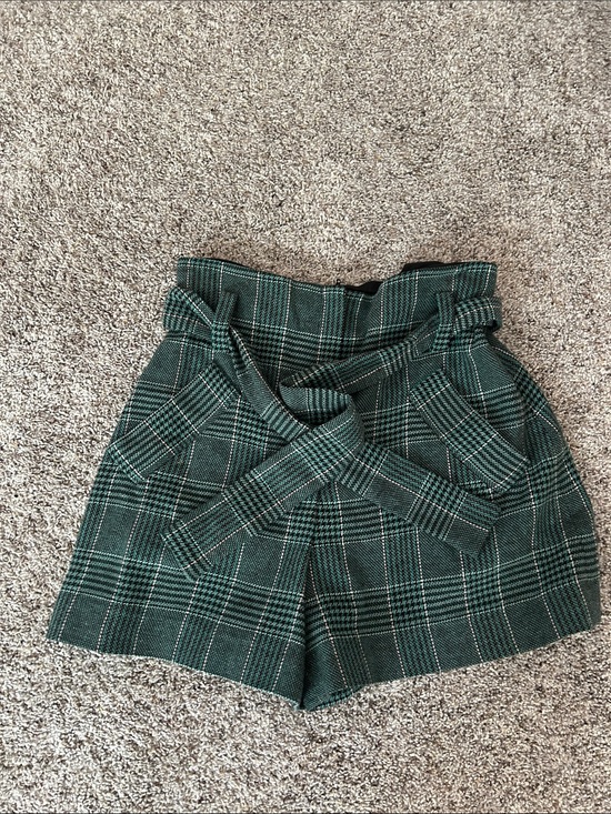Maje Pants - Maje High-Waist Green Plaid Paperbag Shorts with Belt